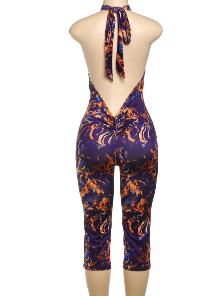 Kliou Colorful Print Playsuits Woman Bandage Halter Backless Skinny Peach Hip Female Midnight Club Party Sexy Fashion Rompers