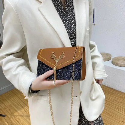 Fashion Women Shoulder Bag Deer Head Decoration Messenger Bags PU Leather Button Underarm Luxury Chain Lady Small Square Handbag