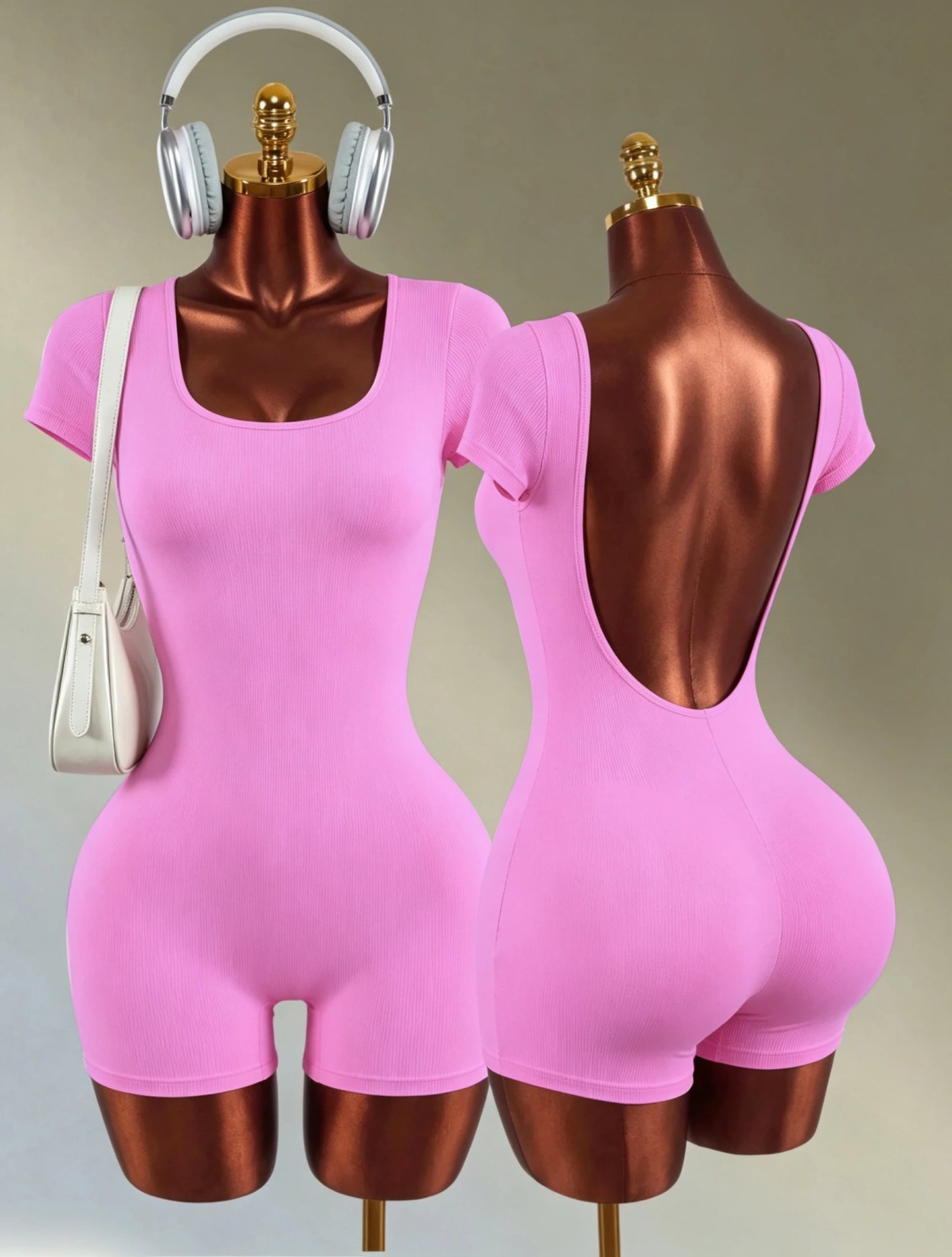 Women's Sexy U-Back Square Neck Short Sleeved Jumpsuit High Waist Bodycon One-piece Jumpsuit Fashionable Sexy Streetwear Ladies