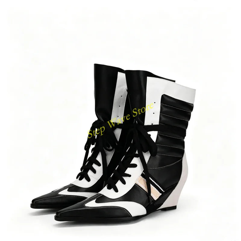 Patchwork Wedges Lace Up Ankle Booties Sexy Pointy Toe Runway 2026 Winter Autumn Women Handmade Dress Shoes Mixed Color