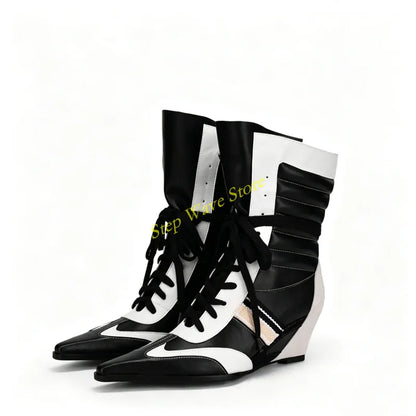 Patchwork Wedges Lace Up Ankle Booties Sexy Pointy Toe Runway 2026 Winter Autumn Women Handmade Dress Shoes Mixed Color