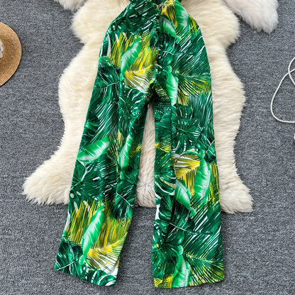 2024 New Summer Sexy Bohemian Leaf Print Jumpsuits Women Sleeveless Sexy Long Jumpsuit Mujer Casual Holiday Beach Rompers