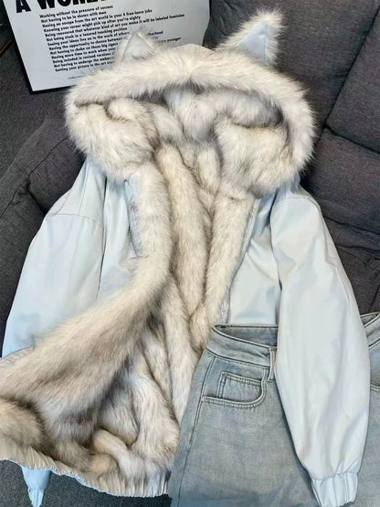 Korean Sweet Hot Girl Two Way Wear Cat Ear Design Hooded Coat Women Y2k Vintage Loose Down Jacket Winter Casual Warm Outerwear