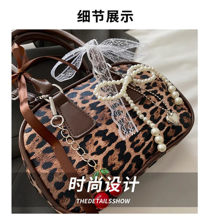 Vintage Leopard Pu Shoulder Bags for Women Portable Trendy Ladies Crossbody Bag Lace Pearl Pendant Female Bowling Handbags