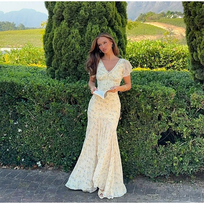 Fashion V-neck Floral Women Maxi Dress Flutter Sleeve Lace Trim High Waist Chiffon Vestidos Summer Female Daily Vacation Dresses