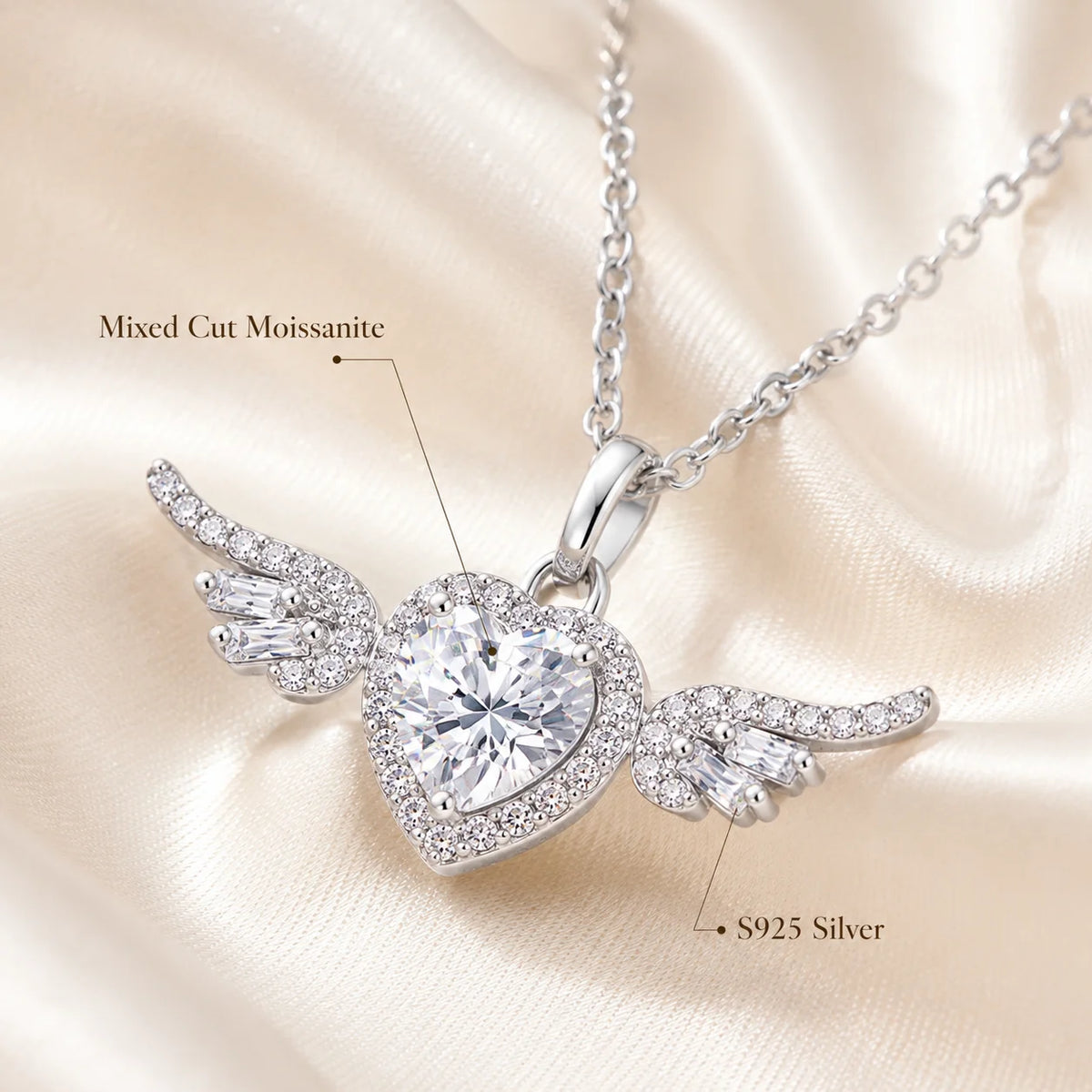 Angel Wings Heart Moissanite Pendant Necklace Baguette Cut S925 Sterling Silver D Color VVS1 GRA Certified Gift for Women