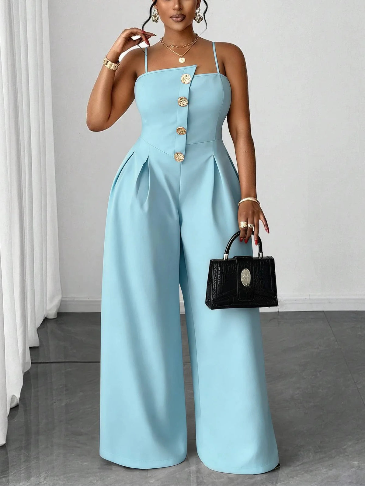 Plus Size Women Elegant Spaghetti Strap Jumpsuit Front Gold Button Pleated High Waist Wide Leg Pants Formal Party Long Jumpsuit