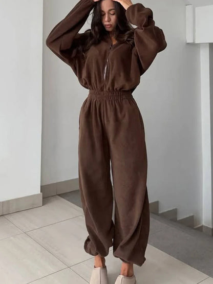 FSMG Casual Long Sleeve Half-Zip Sports Jumpsuits Women's Solid Loose Lapel Elastic Waist Tracksuits Comfy One-Piece Lounge Set