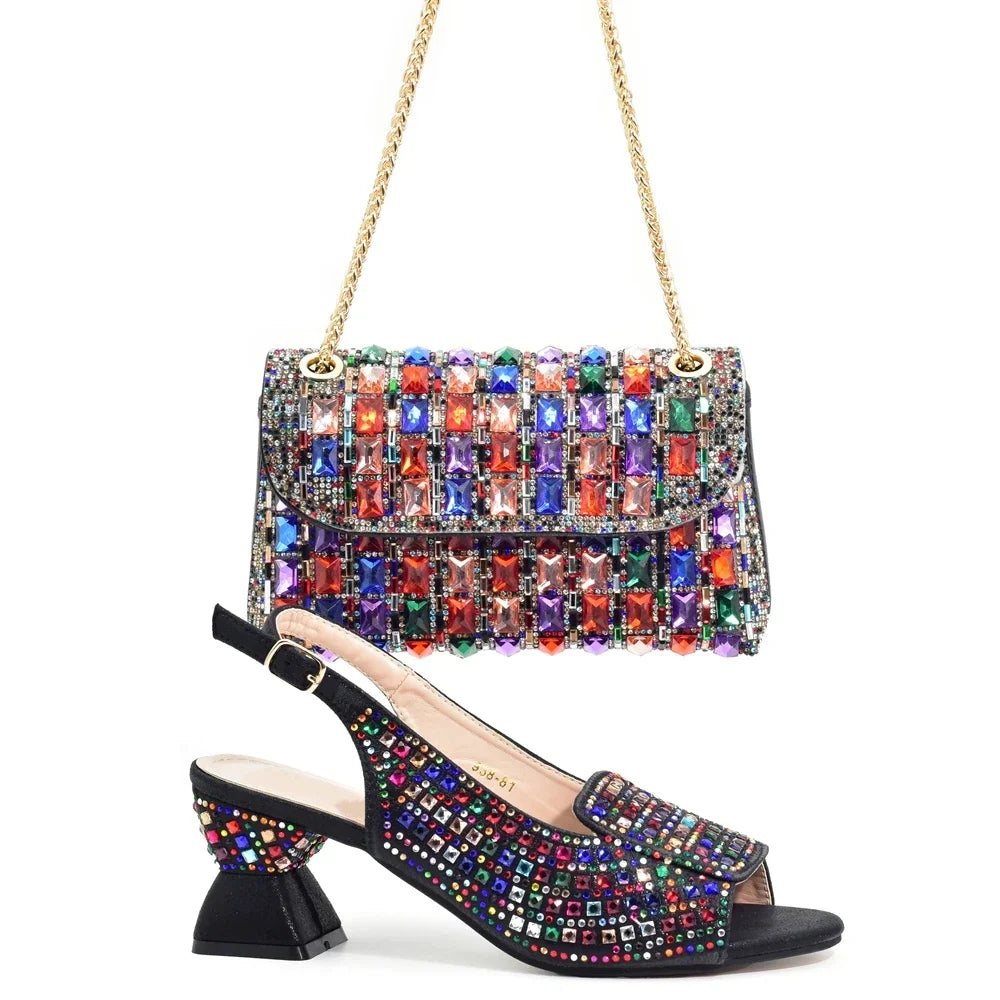 New Arrival African Style Ladies Shoes and Bags Set Latest Italian Women Shoes and Bag Set with Rhinestone Heels Women Luxury