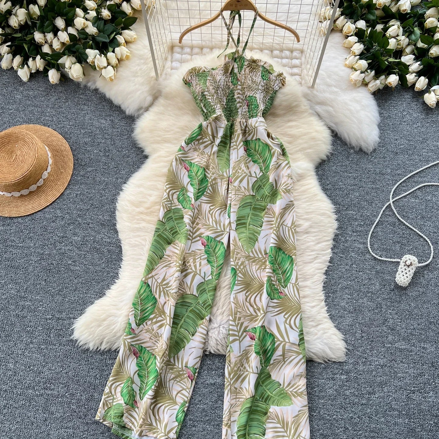 2024 New Summer Sexy Bohemian Leaf Print Jumpsuits Women Sleeveless Sexy Long Jumpsuit Mujer Casual Holiday Beach Rompers
