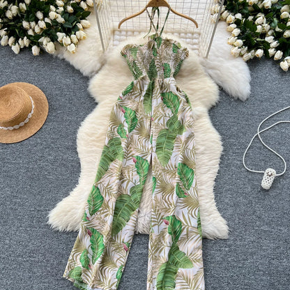 2024 New Summer Sexy Bohemian Leaf Print Jumpsuits Women Sleeveless Sexy Long Jumpsuit Mujer Casual Holiday Beach Rompers