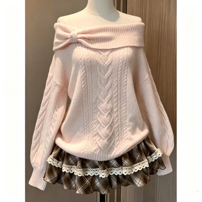 Sweet Daily Streetwear Japanese Women Slim Fit Off Shoulder Knit Jumper Soft Long Sleeve Fashion Pullover Sweater