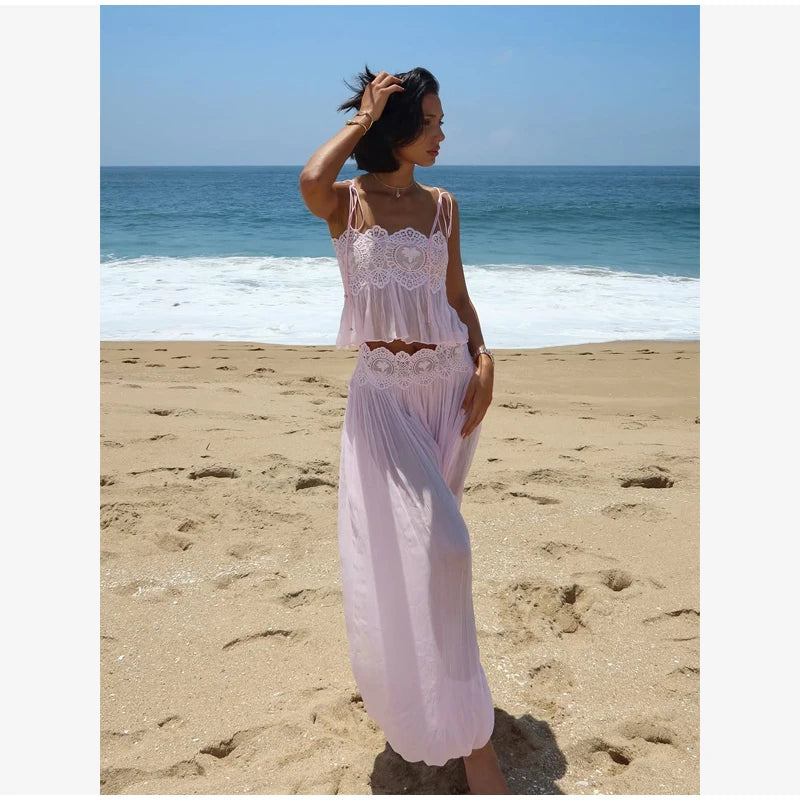 Beach Lace Hollow Out Women's Summer Pants Sets Lace Up Backless Spaghetti Strap Crop Top Loose Pleated Lantern Pant 2026 Suit