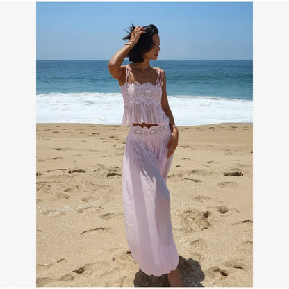 Beach Lace Hollow Out Women's Summer Pants Sets Lace Up Backless Spaghetti Strap Crop Top Loose Pleated Lantern Pant 2026 Suit