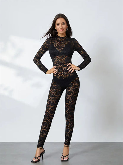 2026 Women's Sexy and Elegant Summer New Sexy Hot Black Lace Jacquard Hollow See-Through Long Sleeve Slim Jumpsuit