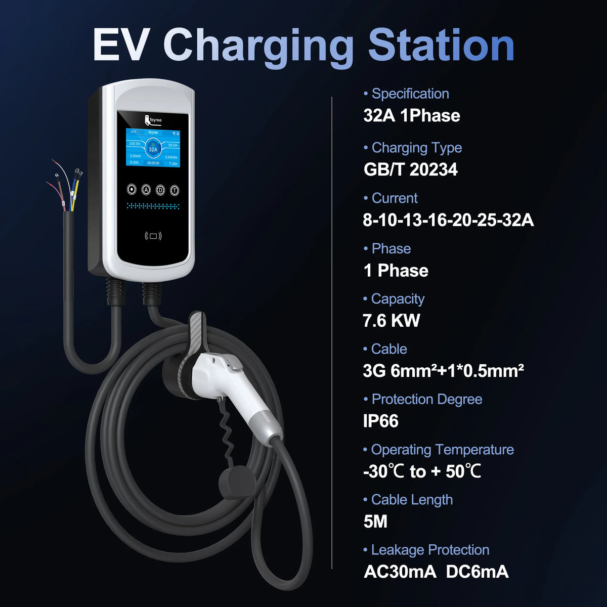 Feyree GB/T EV Charger 7.6kw 32A Dynamic Load Balancing Wallbox 4.3inch LCD Wifi APP Charging Log 11KW 22KW 3P Charging Station