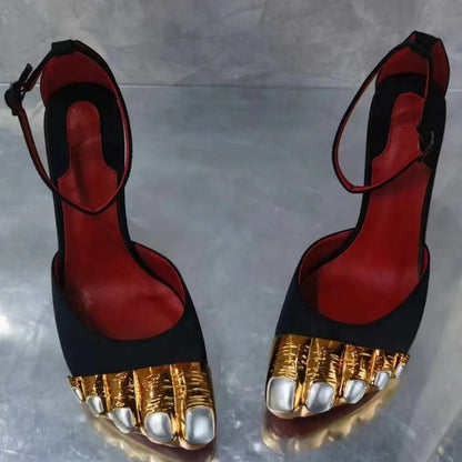 Novelty Stiletto Sandals For Women Pointed Toe Ankle Strap Designer New Brand Luxury Female Shoes Cool Elegant Metal Decoration