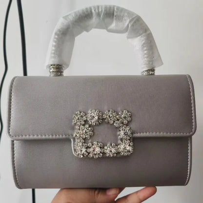 Rhinestone Faux Silk Emerald Evening Bag Silver Diamond Buckle Handle Fashion Handbags Elegant Ladies Square Bolsa Feminina