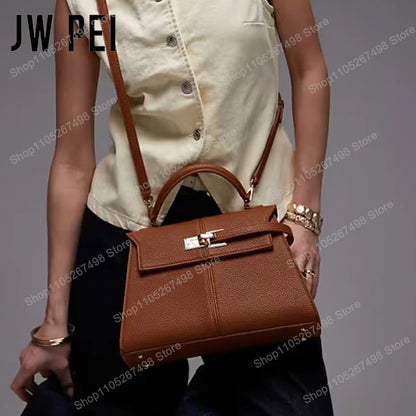 JW PEI Elise Women's Genuine Leather Top Handle Bag Trapezoid Satchel Crossbody Purse Elegant Shoulder Handbag Quiet Luxury Designer Style