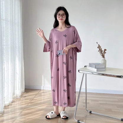 150kg Plus Size Summer Lazy Short Sleeve Long  T-Shirt Dress Korean Oversized Loose Nightgown Maternity Sleepwear Home Clothes