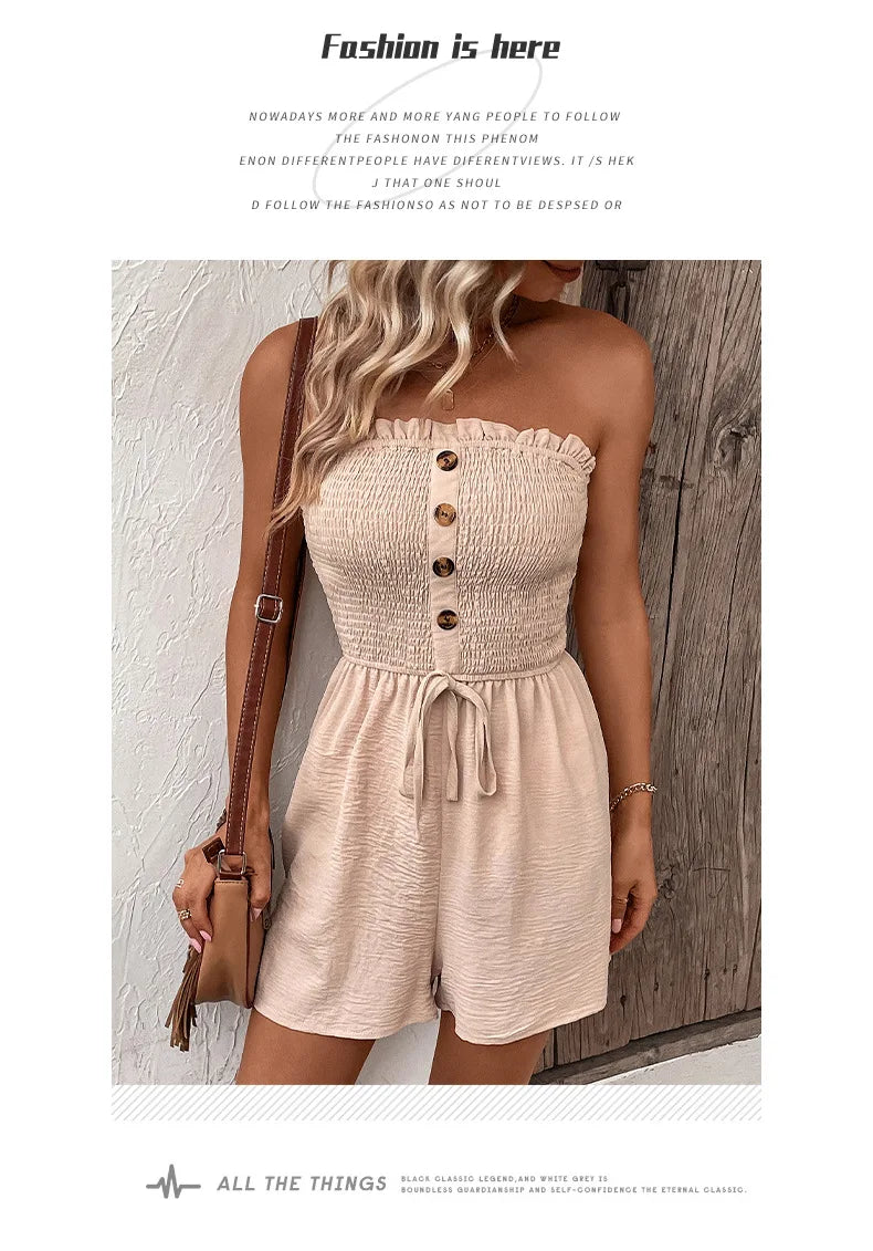 Summer Leisure Vacation, European and American Solid Color High Waist Design, Strapless Jumpsuit Shorts