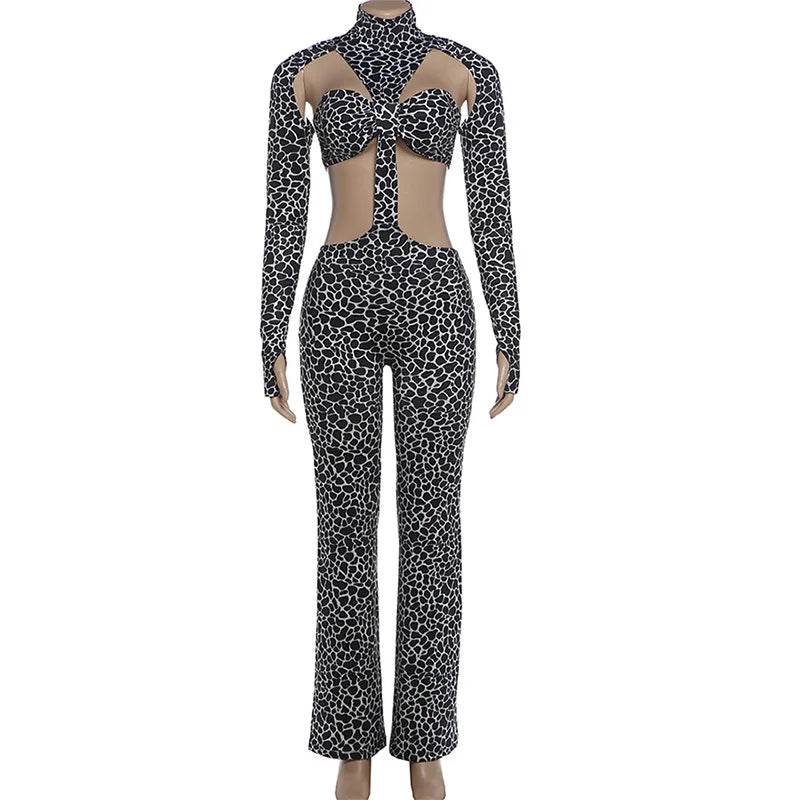 Leopard Print Straight Pants Slim Fit Jumpsuits Women Trend Sexy Strapless Patchwork Turtleneck Full Sleeve Club Party Overalls
