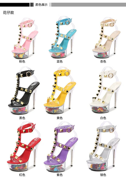 Women's Platform Sandals Rivet Pull Sandals Transparent High Heel 13CM Slim Heel Summer Waterproof Table LFD-1099-36