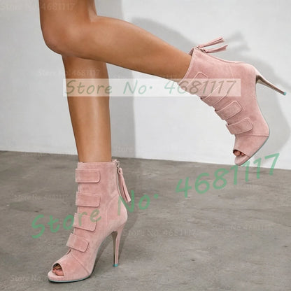 Blue Suede Peep Toe Short Boots Women Trendy Multi Straps Design Fringes Warm Boots Cool Side Zipper High Heels Splicing Shoes