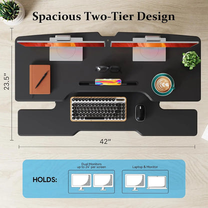 42 Inch Standing Desk Converter Quick Sit Stand Desk Riser Height Adjustable Stand Up Desk Keyboard Tray Dual Monitor Computer L