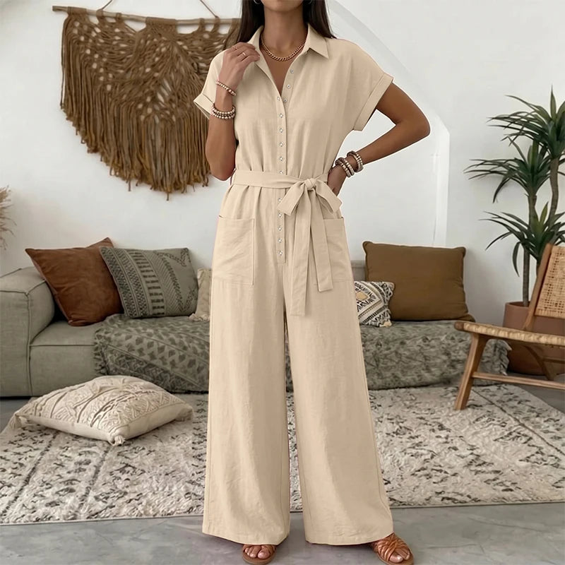 Plus Size VONDA Summer Vacation Style Jumpsuits Women Elegant Solid Color Long Overalls Short Sleeve Elegant Belts Playuits