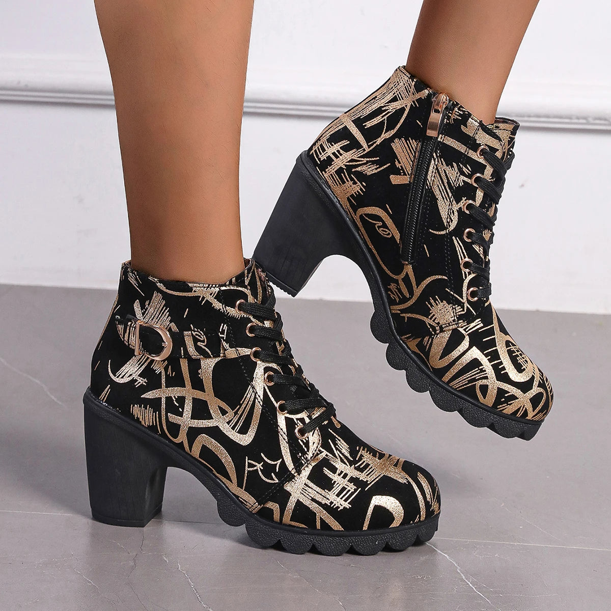 Women's Fashion Round Toe Boots High Heeled Women Boots Cross Straps Short Boots Zipper Printed Comfortable High Heeled Shoes