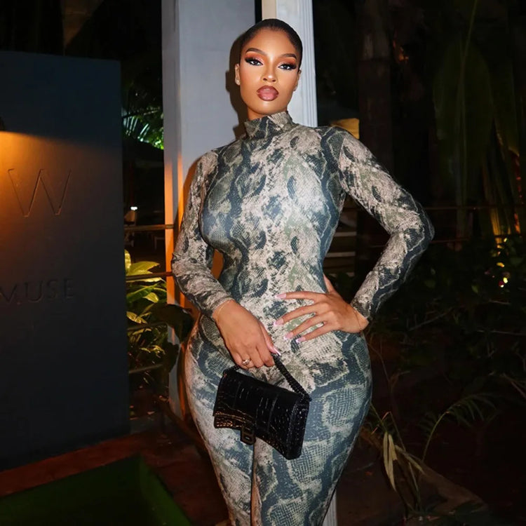 FLARORA Vintage Serpentine Printing Jumpsuits Woman Trend Turtleneck Full Sleeve Skinny Peach Hip Night Party Clubwear Overalls