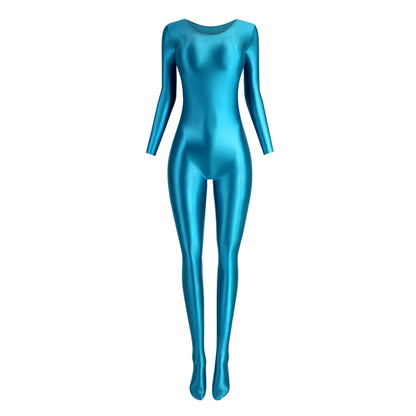 MJINM Women Smooth Overalls Long Sleeve Tights Round Neck Full Length Stretch Zentai Bodysuits Yoga Fitness One Piece Jumpsuits