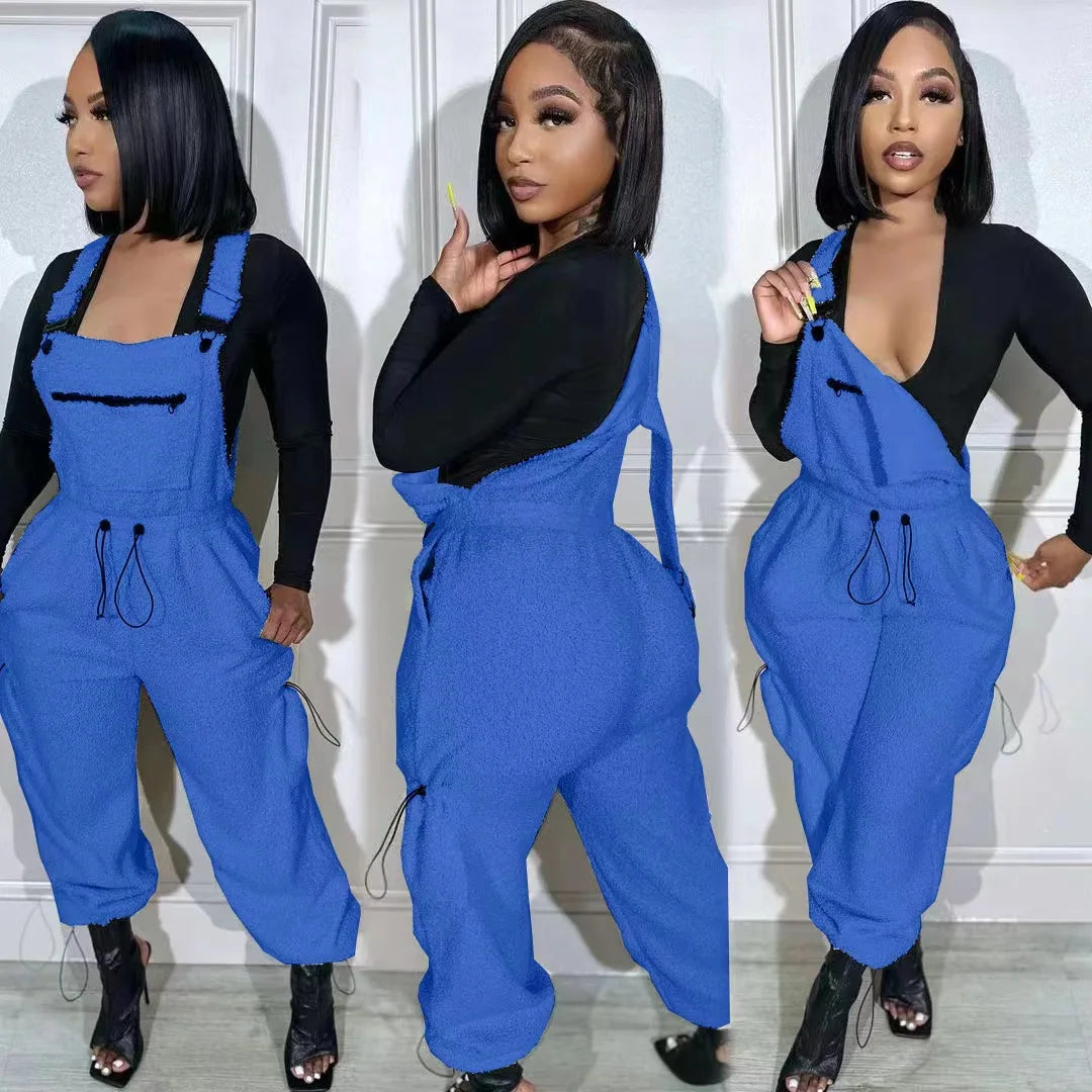Lace Up Jumpsuit Women One Piece Jumpsuits Fur Rompers High Waist Spring Autumn Pants Mom Overalls Playsuits Elegant Pink