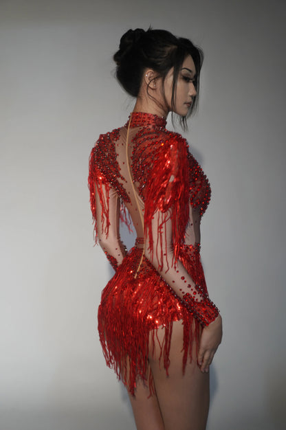 Sparkly Rhinestone Sequin Tassel Stretch Bodysuits 2025 New Arrival Women Birthday Party Nightclub Dj Stage Performance Costume