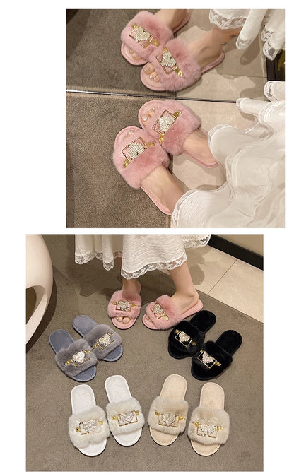 Love Chain Fluffy Women's Slippers Home Fashion Luxury Designer Shoes Woman Autumn Winter Faux Fuzzy Fur Slides Indoor Elegant