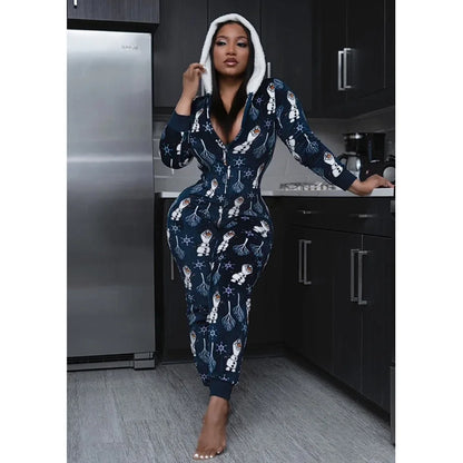 2024 Autumn Fashion Christmas New Women's jumpsuit Loose Elastic Elegant Stripe Fun Zipper Christmas Home Hoodie jumpsuit