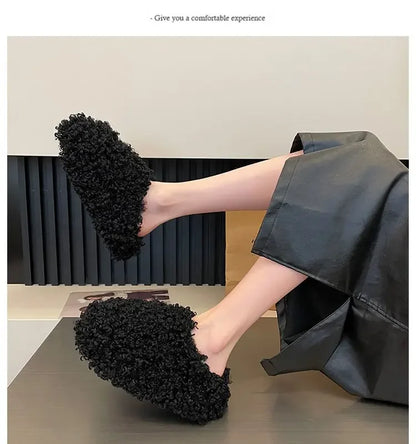 Thick Heel Luxury Lambwool Mules  Winter Shoes Woman Flip Flops Flat Cover Toe Slides Ins Warm Curly Lamb Fur Slippers Women