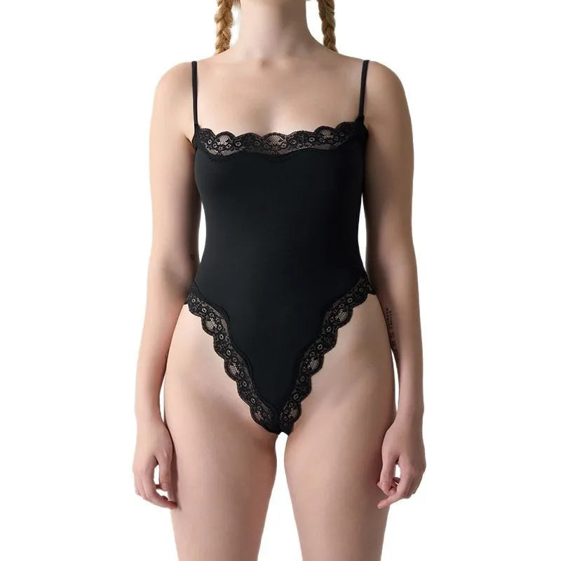 New Women's Sexy Square Neck Lace Panel Bodysuit Sleeveless Spaghetti Strap Jumpsuit Solid Color Slim Bodycon Rompers Tank Tops