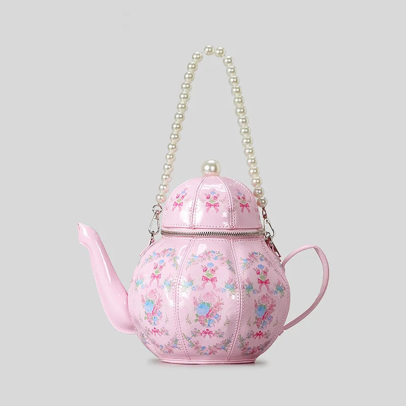 Creative Vintage Printed Teapot Design Women Handbags Pearls Chains Shoulder Bag Designer Luxury Crossbody Bag Small Buckets Bag