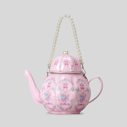 Creative Vintage Printed Teapot Design Women Handbags Pearls Chains Shoulder Bag Designer Luxury Crossbody Bag Small Buckets Bag
