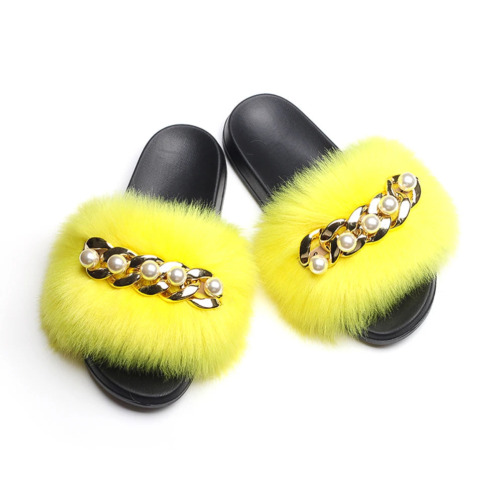 Fluffy Slippers Women Flip Flops Luxury Pearl Chain Faux Fur Slides Flat House Slippers Beach Summer Sandals Ladies Casual Shoes