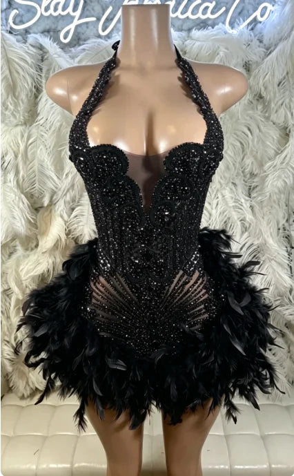 Glitter Pink Crystal Short Prom Dress For Black Girl Homecoming Senior Cocktail Dress Birthday Party Gown Feathers Customized