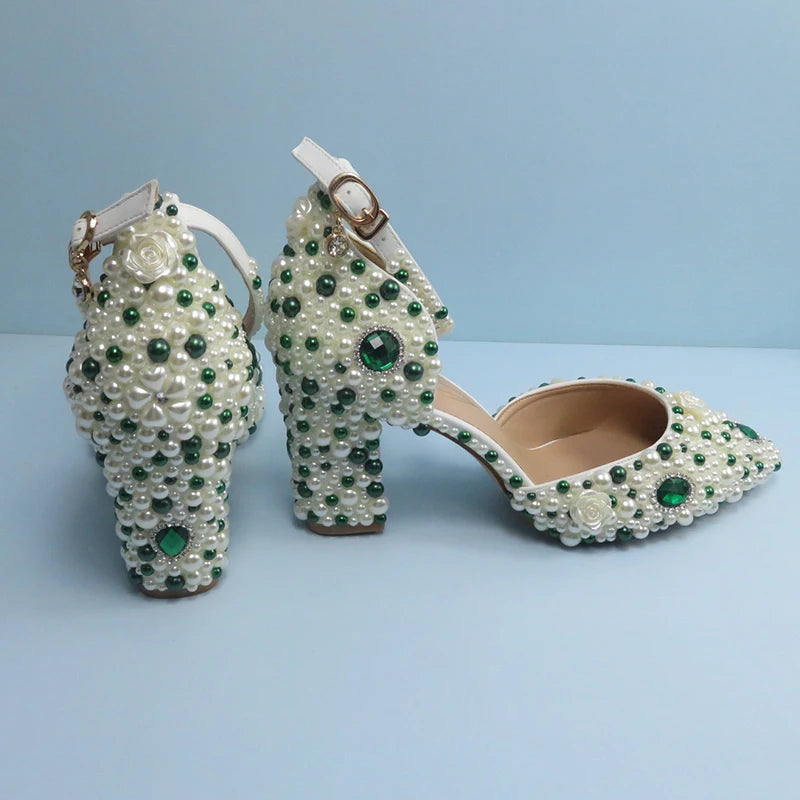 BaoYaFang Green Pointed Toe Pearl Bridal Wedding Shoes and Bag Thin Heel Slingbacks Female Ladies Party Shoe Shallow Women Shoes
