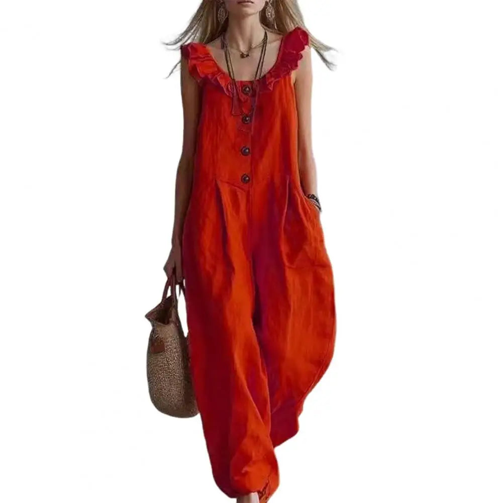 Loose Fit Jumpsuit Ruffle Strap Jumpsuit Women’s Ruffle Crew Neck Jumpsuit with Pockets Wide Leg Rompers Summer Travel
