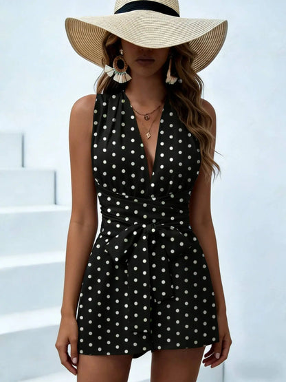 Women Halter Sleeveless Deep V Belted Polka Dot Fitted Romper Boho Spring Summer Vacation Beach Lightweight Breathable Romper