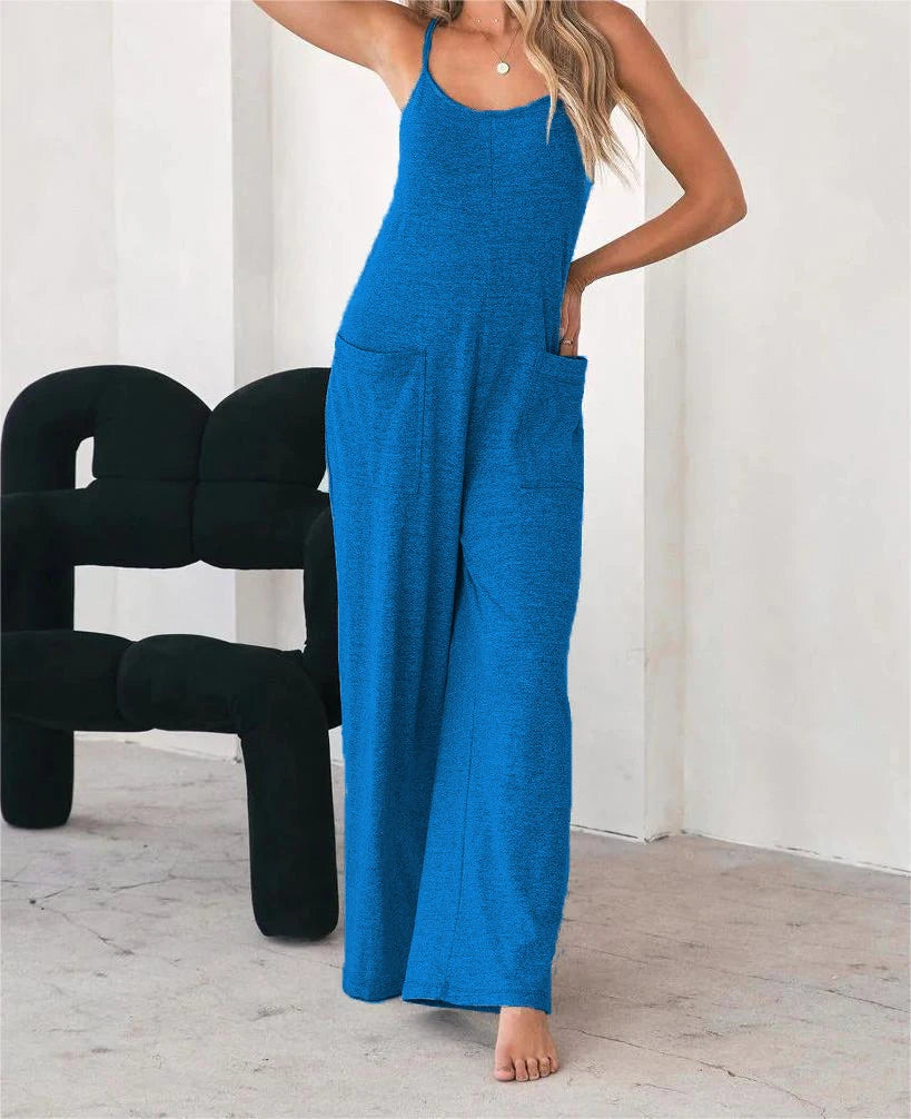 Plus Size Casual Sleeveless Jumpsuit Spaghetti Strap Loose Wide Leg Pocketed Beach Vacation Romper for Women