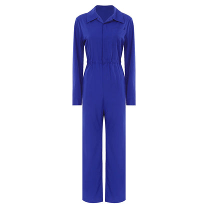 Womens Button Work Coverall Rompers Casual Solid Color Turn-Down Collar Button Flap Long Sleeve Mechanic Work Overalls Jumpsuit