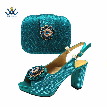 New Design Peep Toe African Spring Autumn Lady Shoes and Bag Set in Gold Color Women Sandal in Wedding