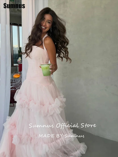 Sumnus Elegant A-Line Evening Dresses Pink Halter Ruched Ruffle Maxi Prom Dress Draped Birthday Princess Dress 2026 Customized